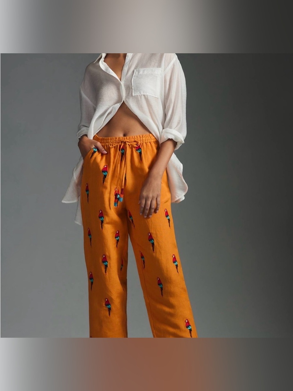 Farm Rio Orange Parrot Embroidered Linen Blend Pants XS Tropical Drawstring